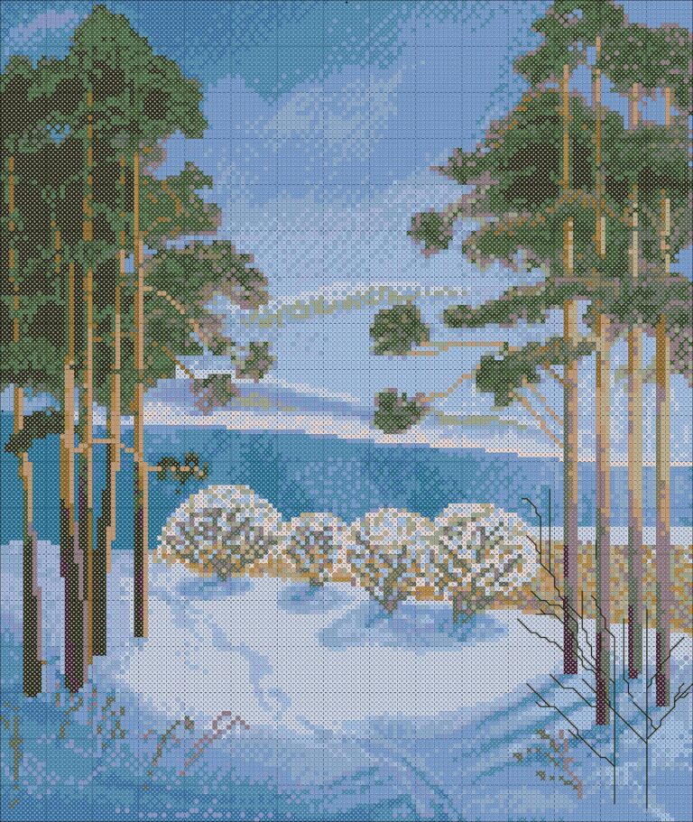 Зимние сосны. Вышивка крестиком (авторская схема)